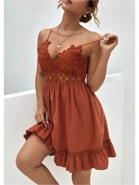 SHEIN Rust Lace-Trim Spaghetti Strap Mini Dress
